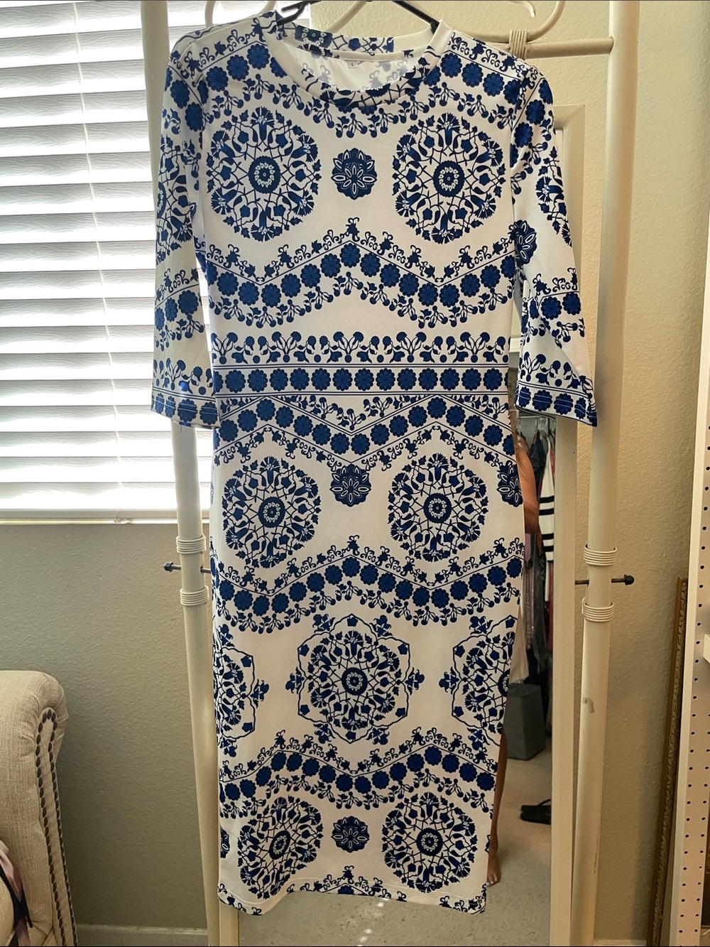 White and Blue Printed Midi Dress with Three-Quarter Sleeves